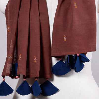 Brown - Godavari Jamdani Buti Patchwork Cotton Stole with Tassels