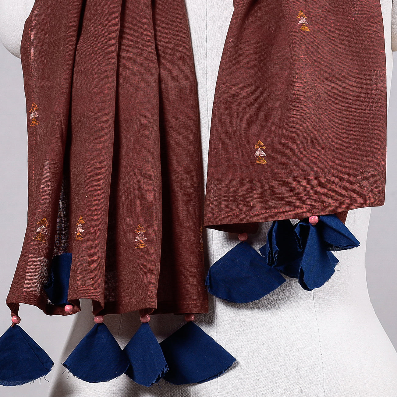 Brown - Godavari Jamdani Buti Patchwork Cotton Stole with Tassels