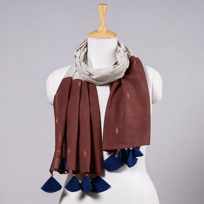 Brown - Godavari Jamdani Buti Patchwork Cotton Stole with Tassels