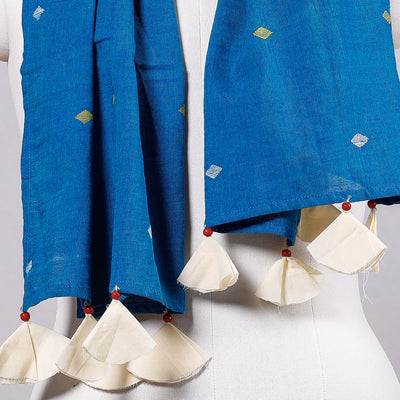 Blue - Godavari Jamdani Buti Patchwork Cotton Stole with Tassels