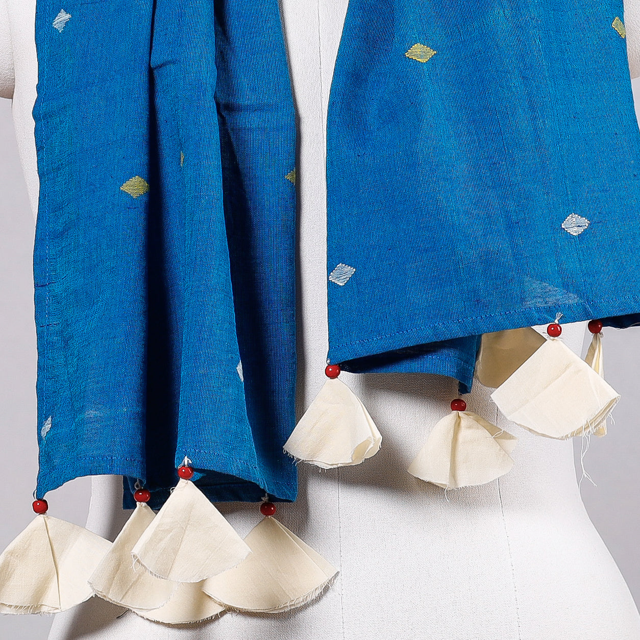 Blue - Godavari Jamdani Buti Patchwork Cotton Stole with Tassels