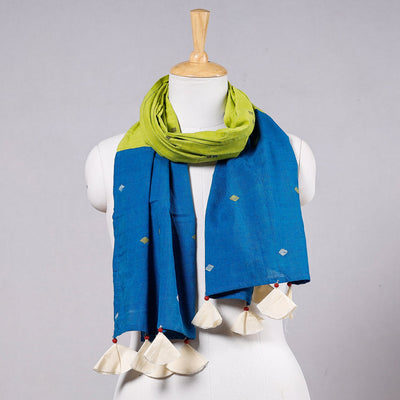 Blue - Godavari Jamdani Buti Patchwork Cotton Stole with Tassels