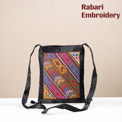 Black - Kutch Rabari Hand Embroidery Mashru Silk Sling Bag