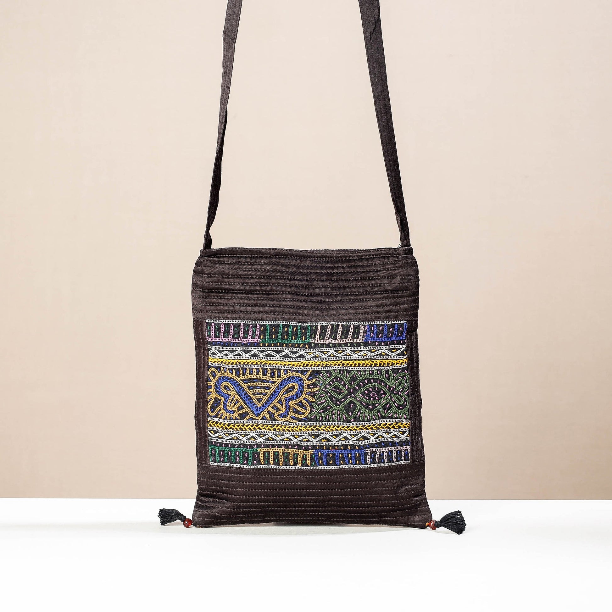 Brown - Kutch Rabari Hand Embroidery Mashru Silk Sling Bag