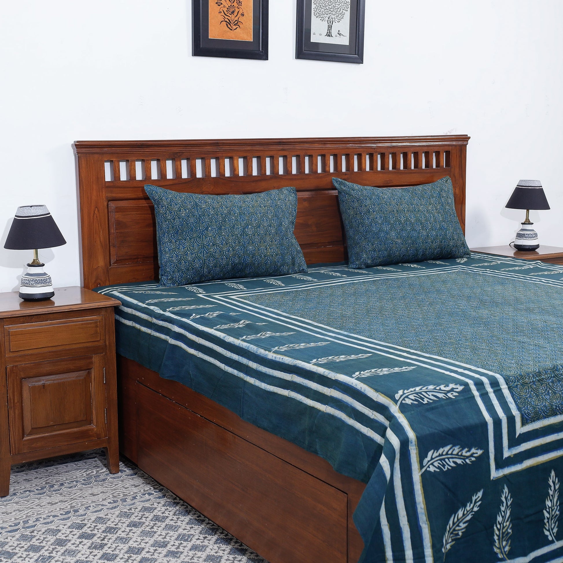 Blue - Akola Block Printing Jhiri Handloom Cotton Double Bed Cover (102 x 87 in)