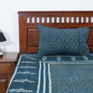 Blue - Akola Block Printing Jhiri Handloom Cotton Double Bed Cover (102 x 87 in)