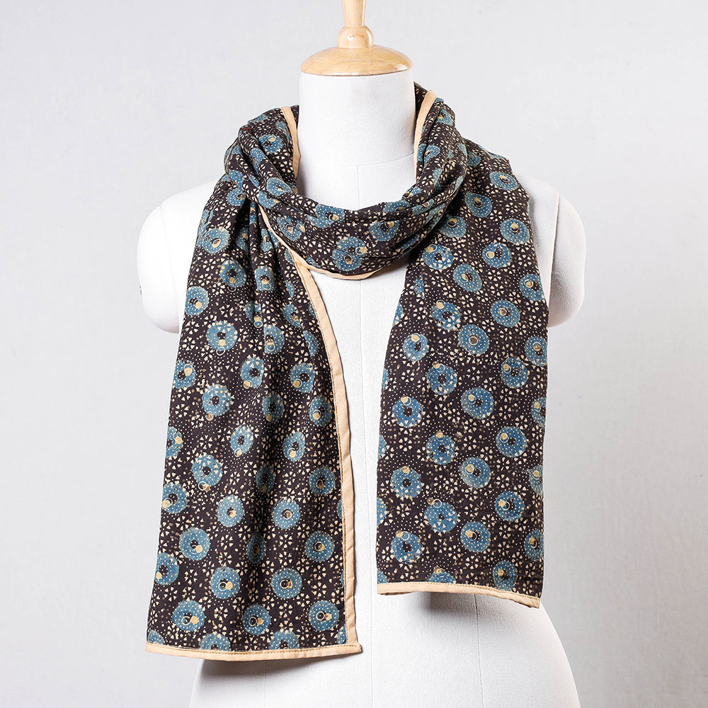 Black - Ajrakh Block printed Contrast Border Cotton Stole
