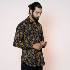 Black - Kalamkari Block Printed Cotton Men Full Sleeve Shirt