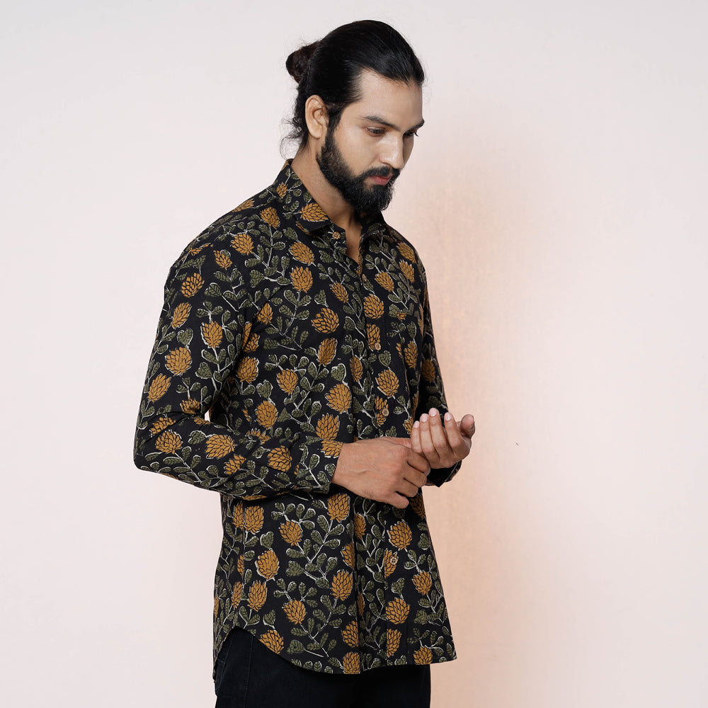 Black - Kalamkari Block Printed Cotton Men Full Sleeve Shirt