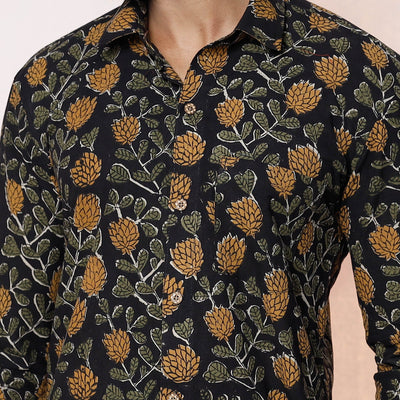 Black - Kalamkari Block Printed Cotton Men Full Sleeve Shirt