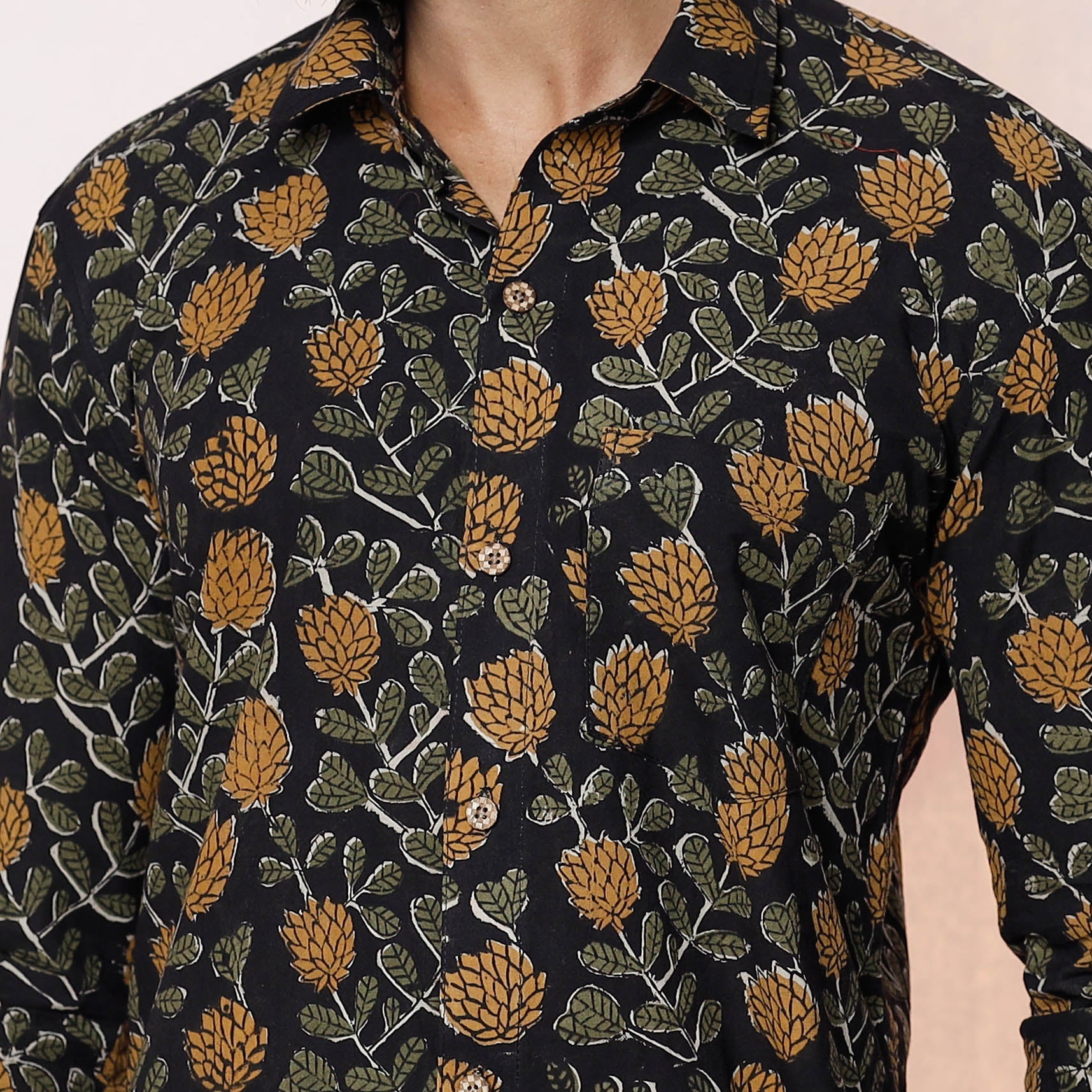 Black - Kalamkari Block Printed Cotton Men Full Sleeve Shirt
