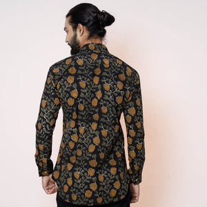 Black - Kalamkari Block Printed Cotton Men Full Sleeve Shirt