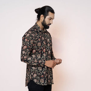 Black - Kalamkari Block Printed Cotton Men Full Sleeve Shirt