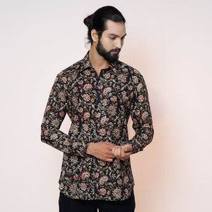 Black - Kalamkari Block Printed Cotton Men Full Sleeve Shirt