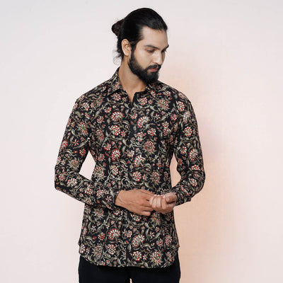 Black - Kalamkari Block Printed Cotton Men Full Sleeve Shirt
