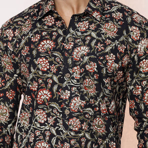 Black - Kalamkari Block Printed Cotton Men Full Sleeve Shirt