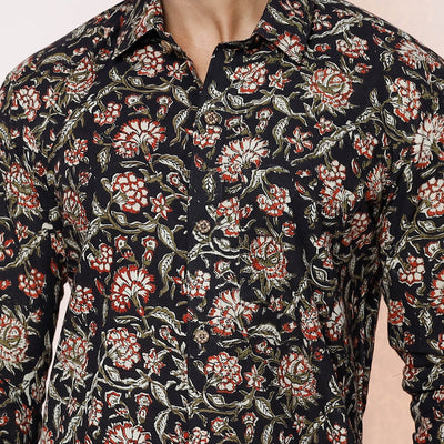 Black - Kalamkari Block Printed Cotton Men Full Sleeve Shirt