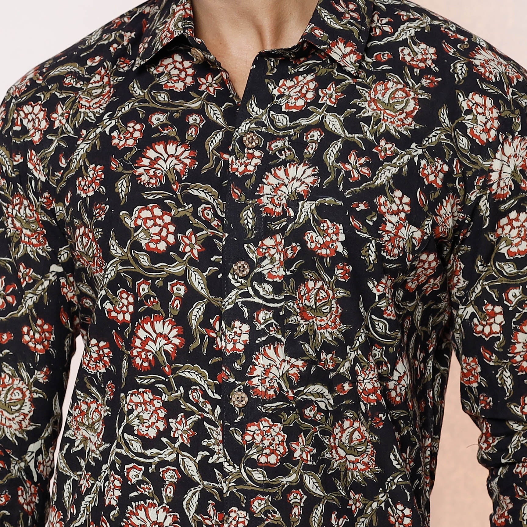 Black - Kalamkari Block Printed Cotton Men Full Sleeve Shirt