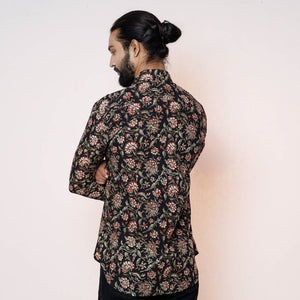 Black - Kalamkari Block Printed Cotton Men Full Sleeve Shirt