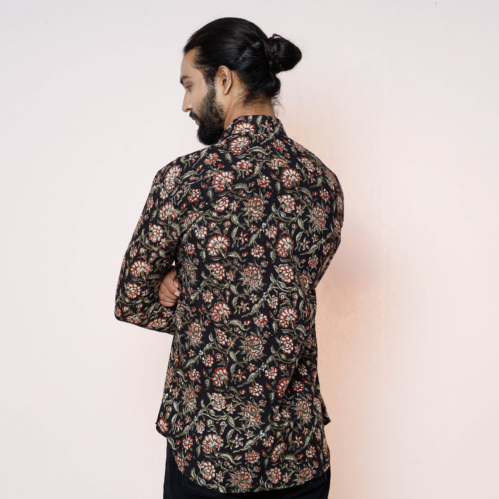 Black - Kalamkari Block Printed Cotton Men Full Sleeve Shirt