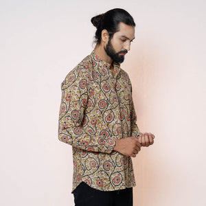 Beige - Kalamkari Block Printed Cotton Men Full Sleeve Shirt