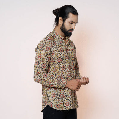 Beige - Kalamkari Block Printed Cotton Men Full Sleeve Shirt