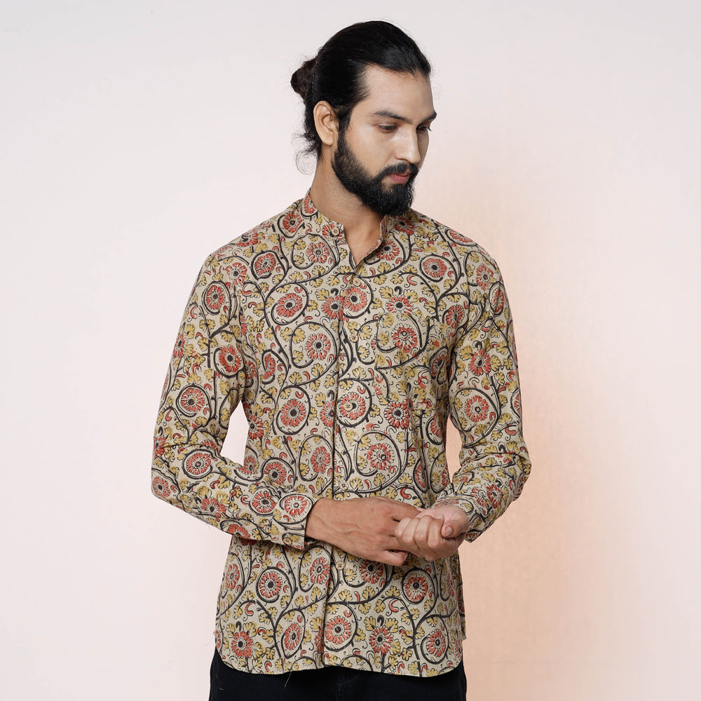 Beige - Kalamkari Block Printed Cotton Men Full Sleeve Shirt