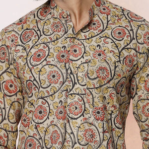 Beige - Kalamkari Block Printed Cotton Men Full Sleeve Shirt