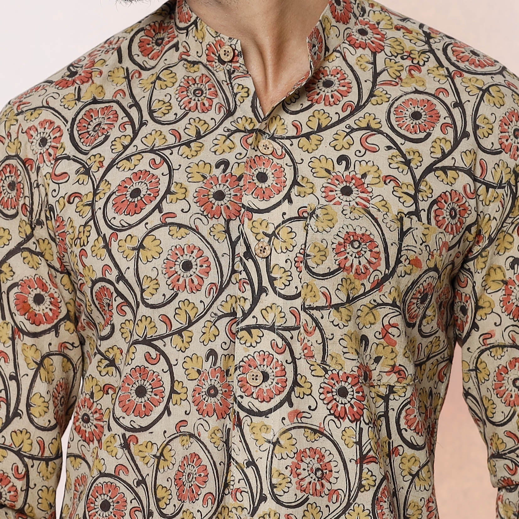 Beige - Kalamkari Block Printed Cotton Men Full Sleeve Shirt