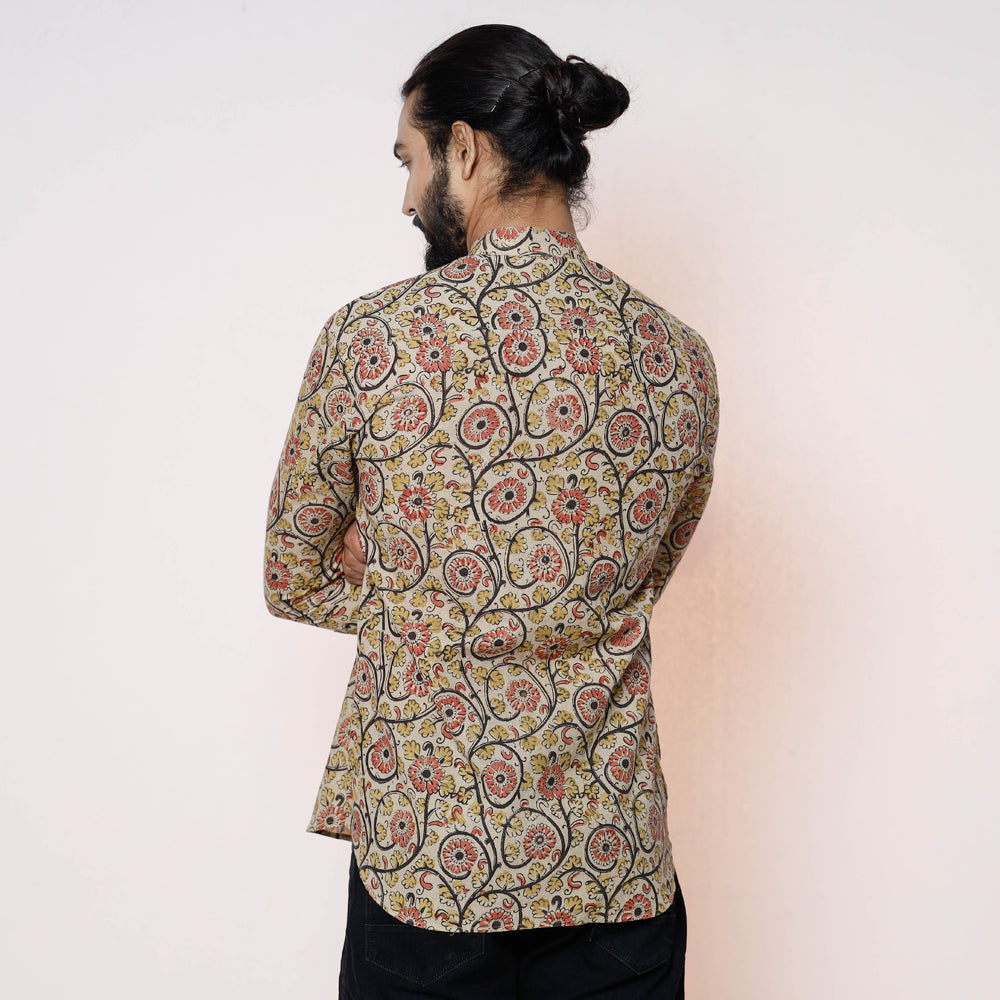 Beige - Kalamkari Block Printed Cotton Men Full Sleeve Shirt