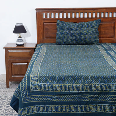 Blue - Akola Block Printing Jhiri Handloom Cotton Single Bed Cover (97 x 59 in)