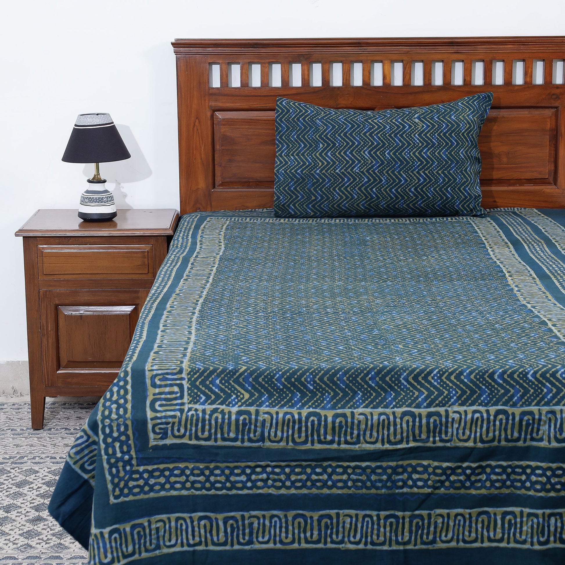 Blue - Akola Block Printing Jhiri Handloom Cotton Single Bed Cover (97 x 59 in)
