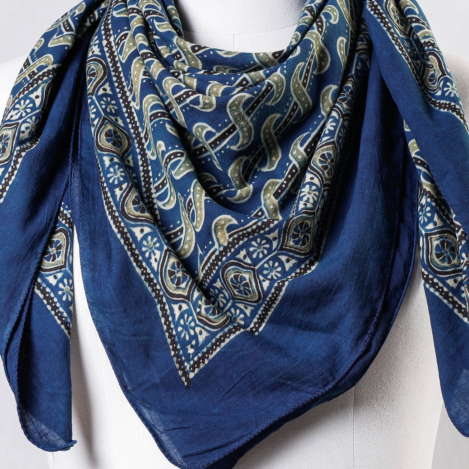 Blue - Ajrakh Block Printing Cotton Scarf from Kutch