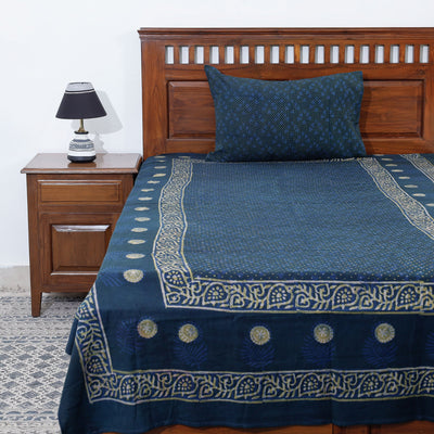 Blue - Akola Block Printing Jhiri Handloom Cotton Single Bed Cover (97 x 59 in)