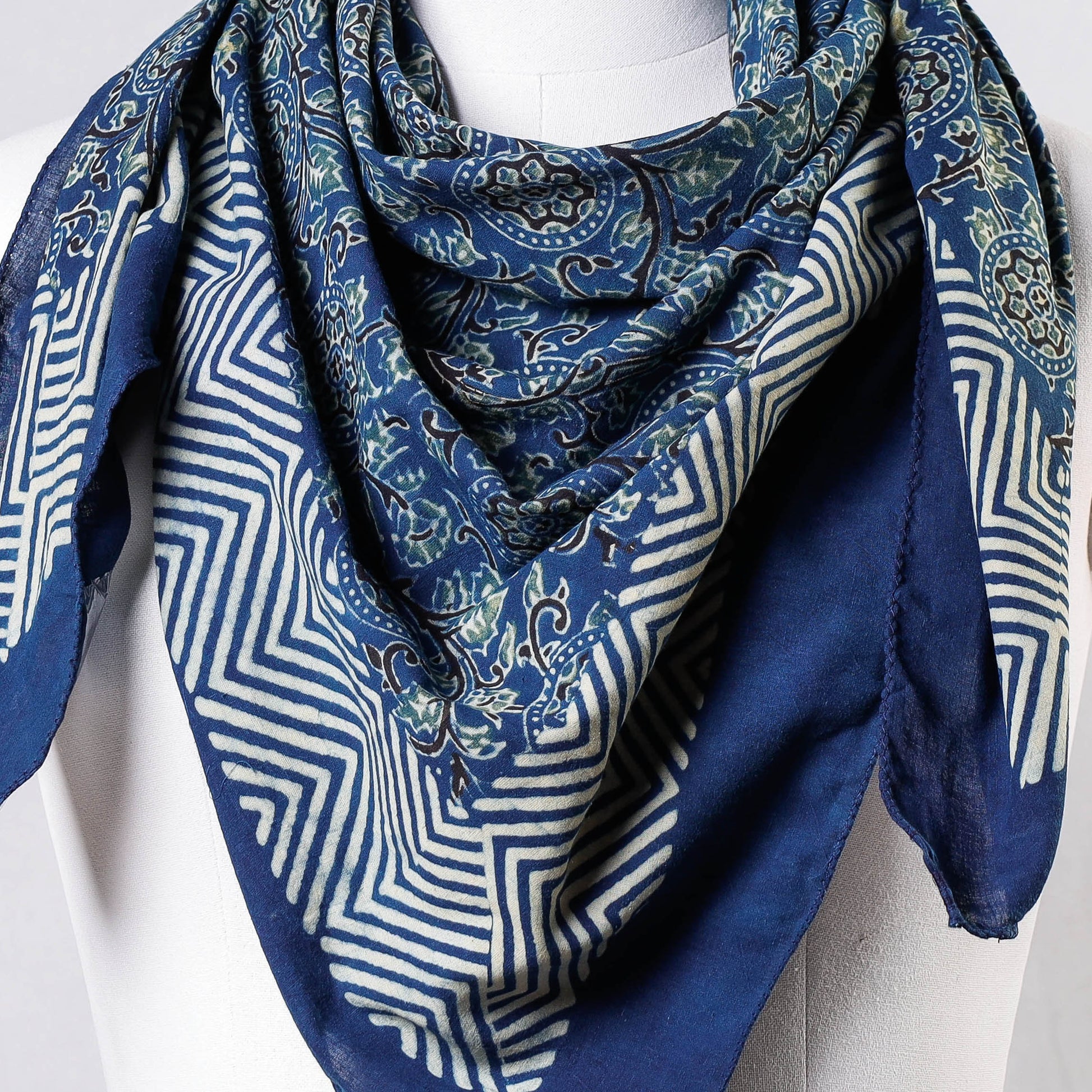 Blue - Ajrakh Block Printing Cotton Scarf from Kutch