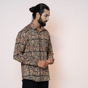 Black - Kalamkari Block Printed Cotton Men Full Sleeve Shirt