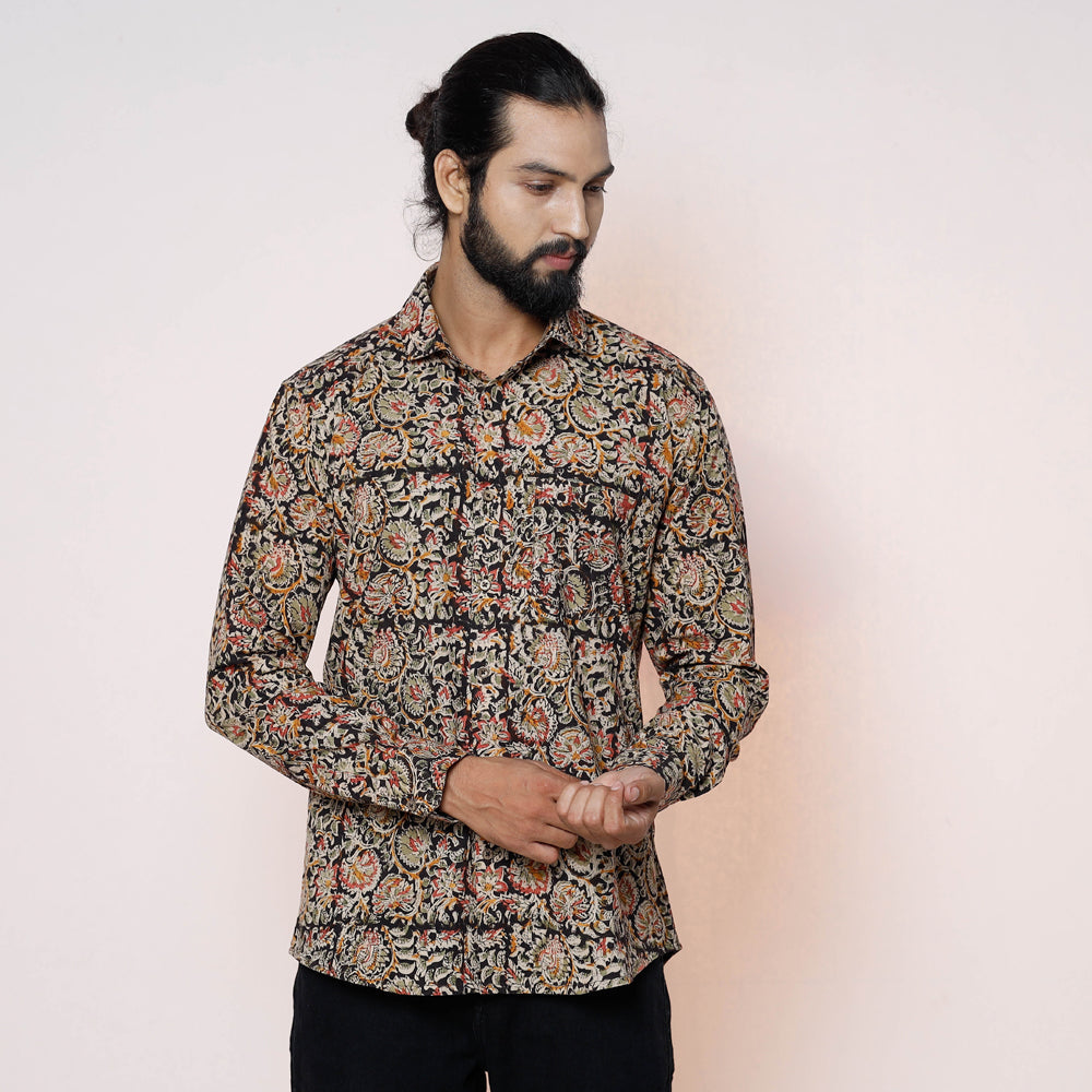 Black - Kalamkari Block Printed Cotton Men Full Sleeve Shirt