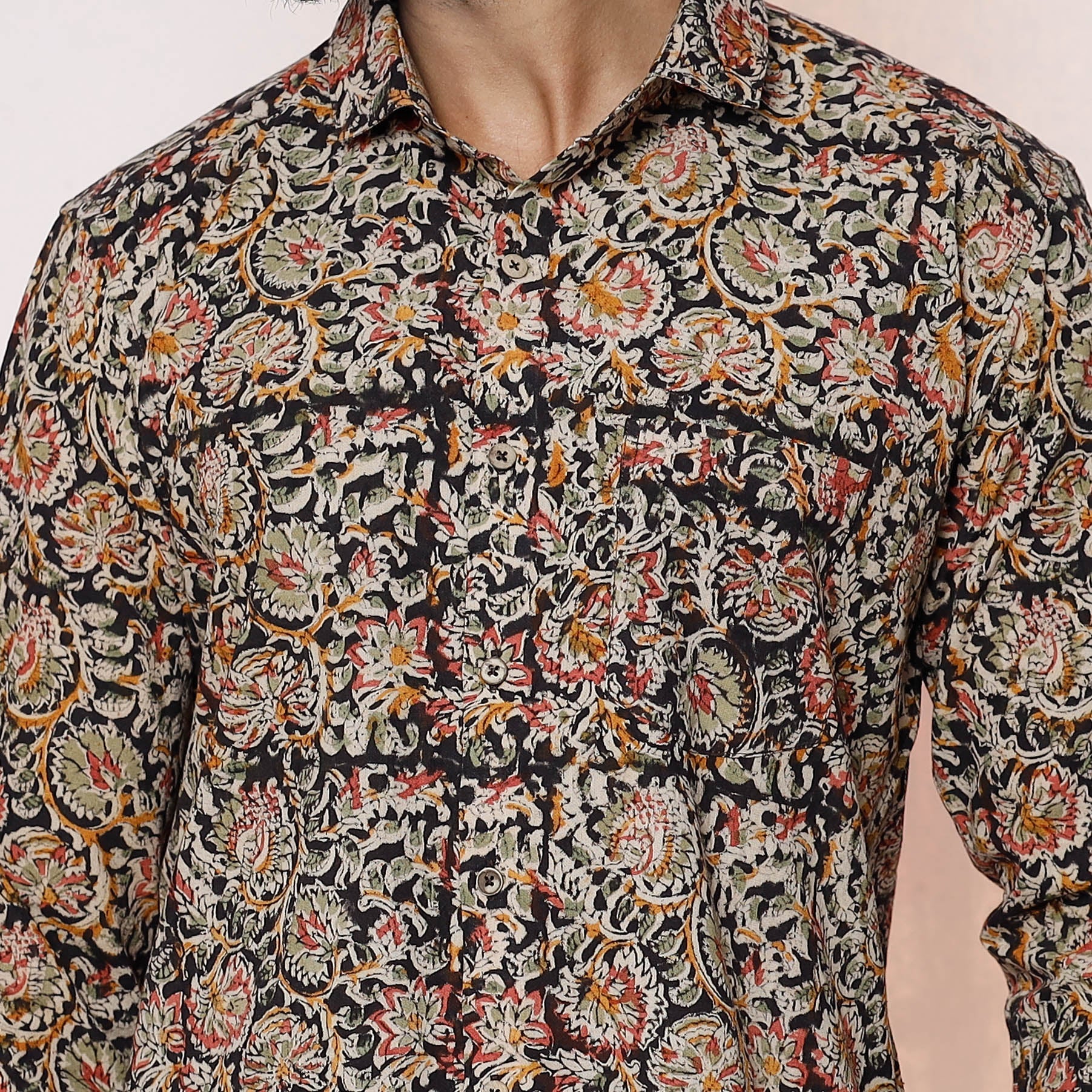 Black - Kalamkari Block Printed Cotton Men Full Sleeve Shirt