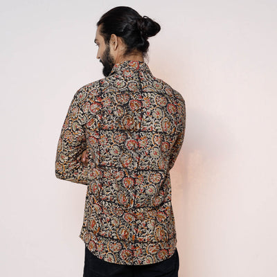 Black - Kalamkari Block Printed Cotton Men Full Sleeve Shirt