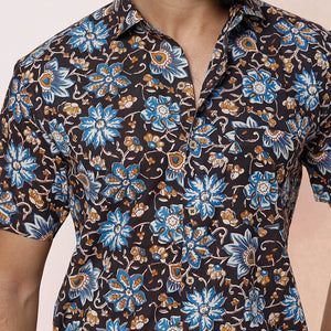 Black - Kalamkari Block Printed Cotton Men Half Sleeve Shirt