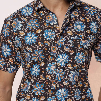 Black - Kalamkari Block Printed Cotton Men Half Sleeve Shirt