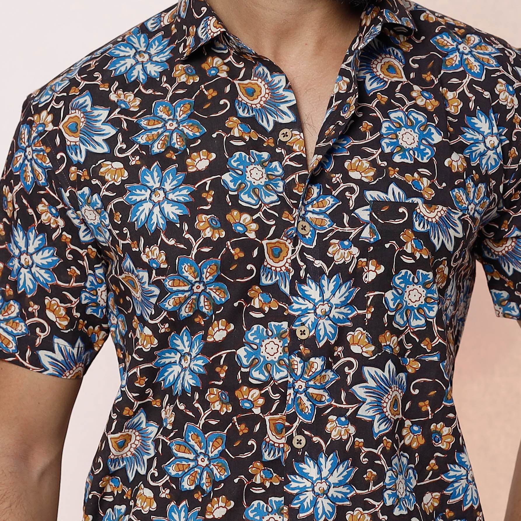 Black - Kalamkari Block Printed Cotton Men Half Sleeve Shirt