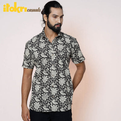 Black - Kalamkari Block Printed Cotton Men Half Sleeve Shirt