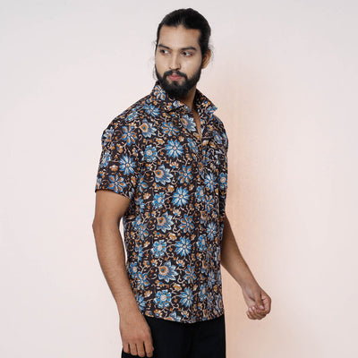Black - Kalamkari Block Printed Cotton Men Half Sleeve Shirt