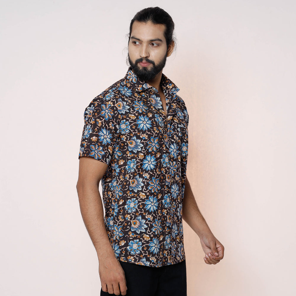 Black - Kalamkari Block Printed Cotton Men Half Sleeve Shirt