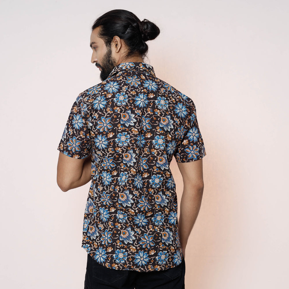 Black - Kalamkari Block Printed Cotton Men Half Sleeve Shirt
