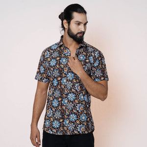 Black - Kalamkari Block Printed Cotton Men Half Sleeve Shirt