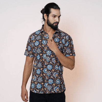 Black - Kalamkari Block Printed Cotton Men Half Sleeve Shirt