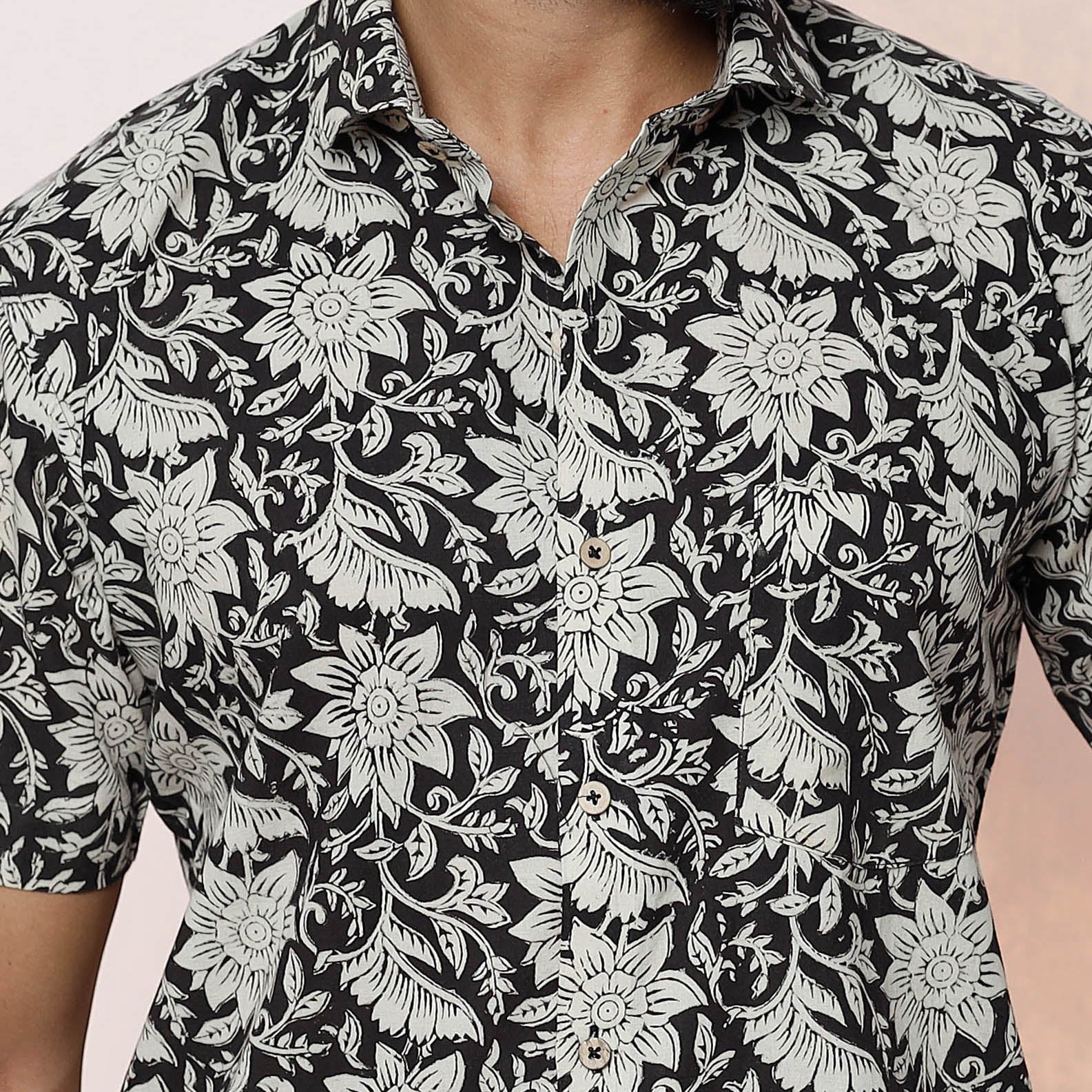 Black - Kalamkari Block Printed Cotton Men Half Sleeve Shirt