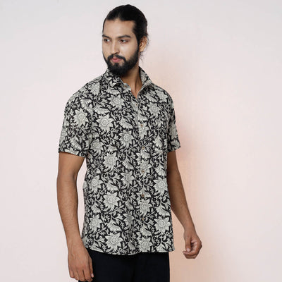 Black - Kalamkari Block Printed Cotton Men Half Sleeve Shirt